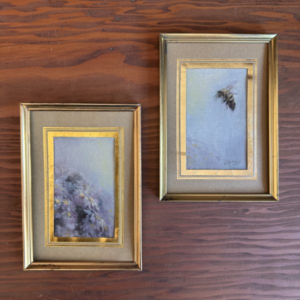 Asters and the bee, linen in antique frame